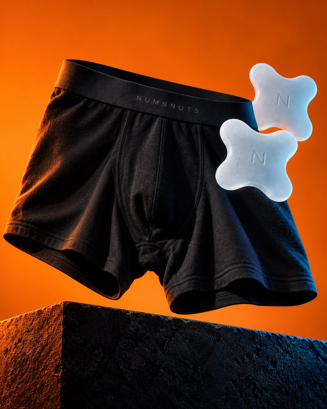 Campaign visualisation of the NumbNuts boxer and two branded cooling inserts