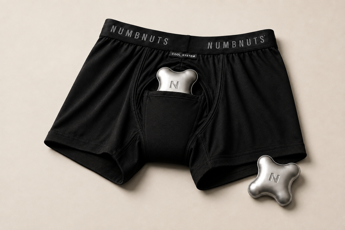 NUMBNUTS product visualisation: one merino boxer and two reusable cooling inserts.