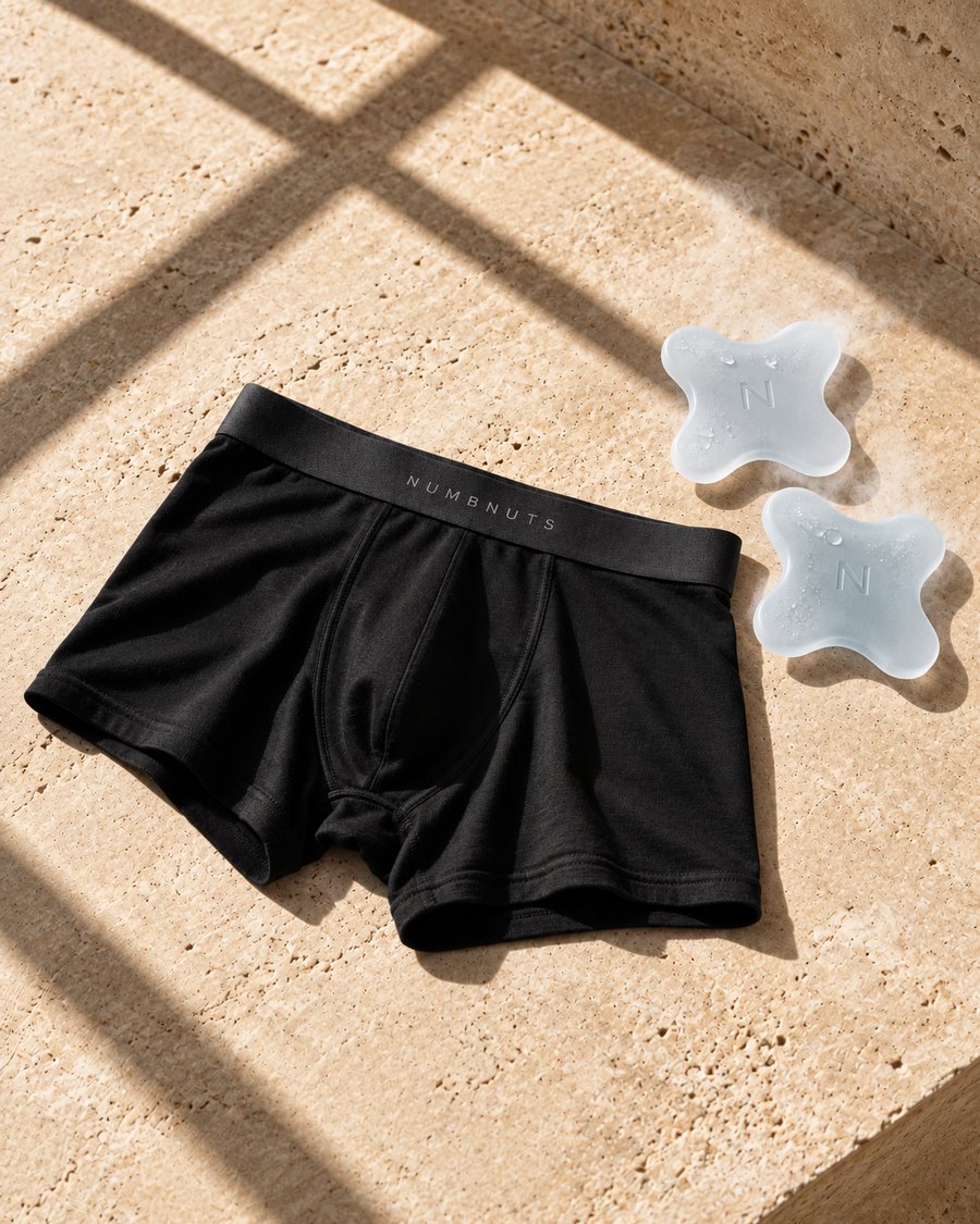 The NumbNuts 100% merino boxer with two reusable cooling inserts on sunlit stone