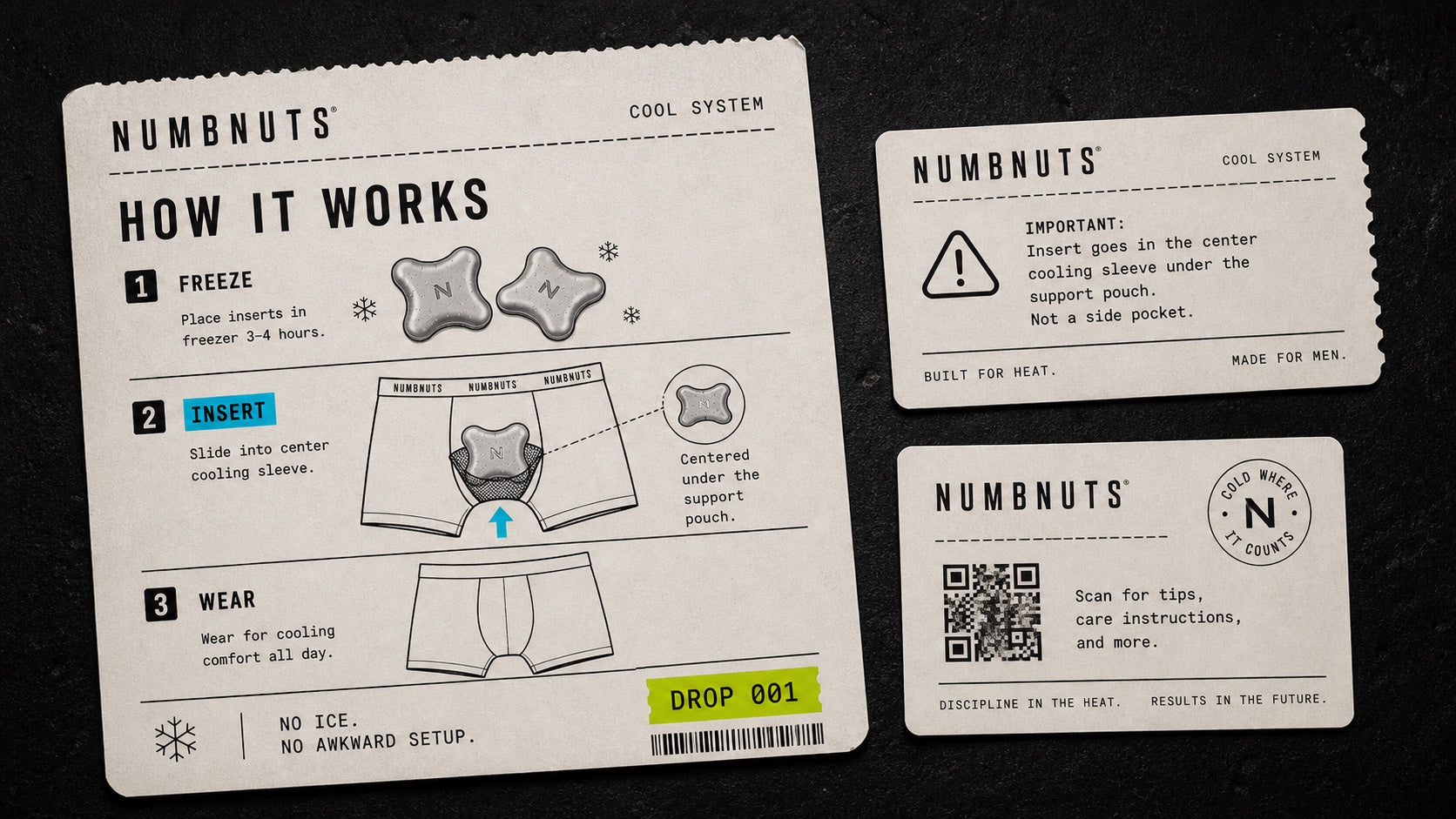 Instruction card showing slide into internal pouch